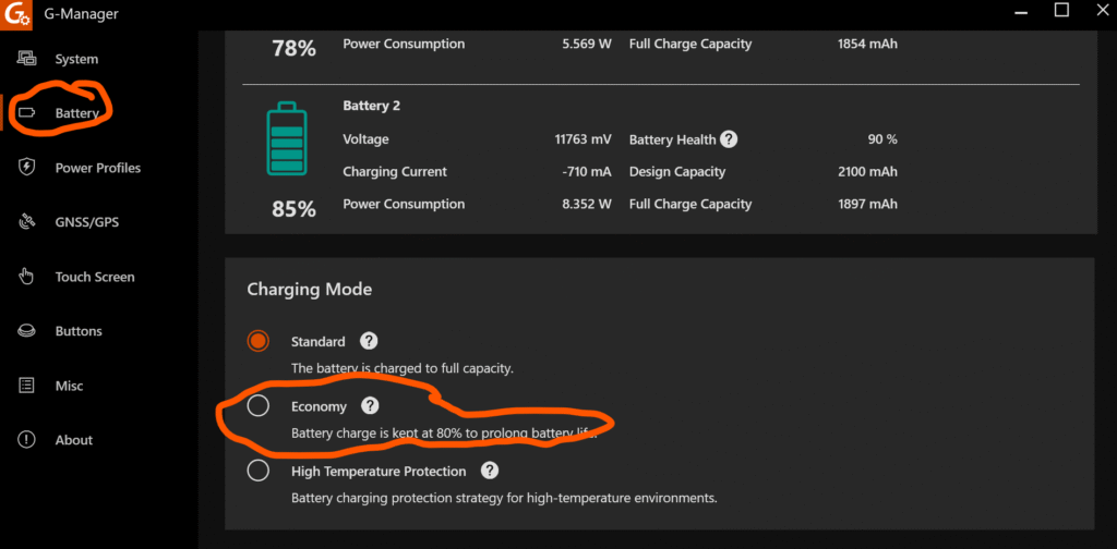 G-Manager battery settings pane for Getac F110